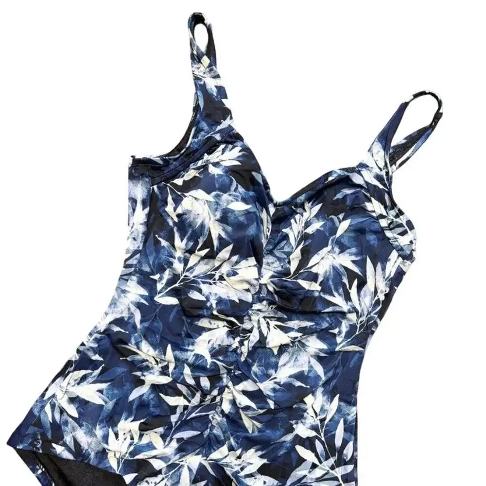 MAXINE OF HOLLYWOOD Shirred Front Girl Leg One Piece Swimsuit Blue Tropics SZ 16
